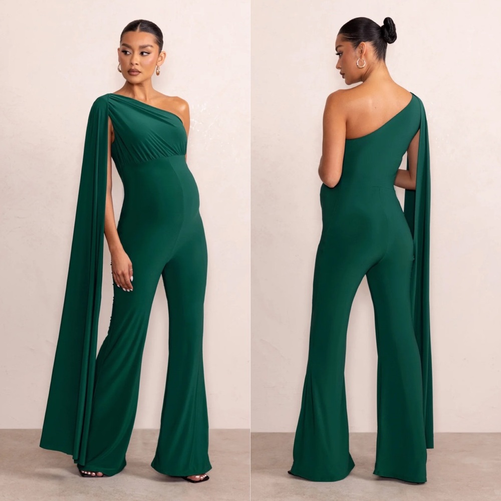 NEW Club L London Sing to Sleep Deep Green Maternity Shoulder Cape Jumpsuit / 10